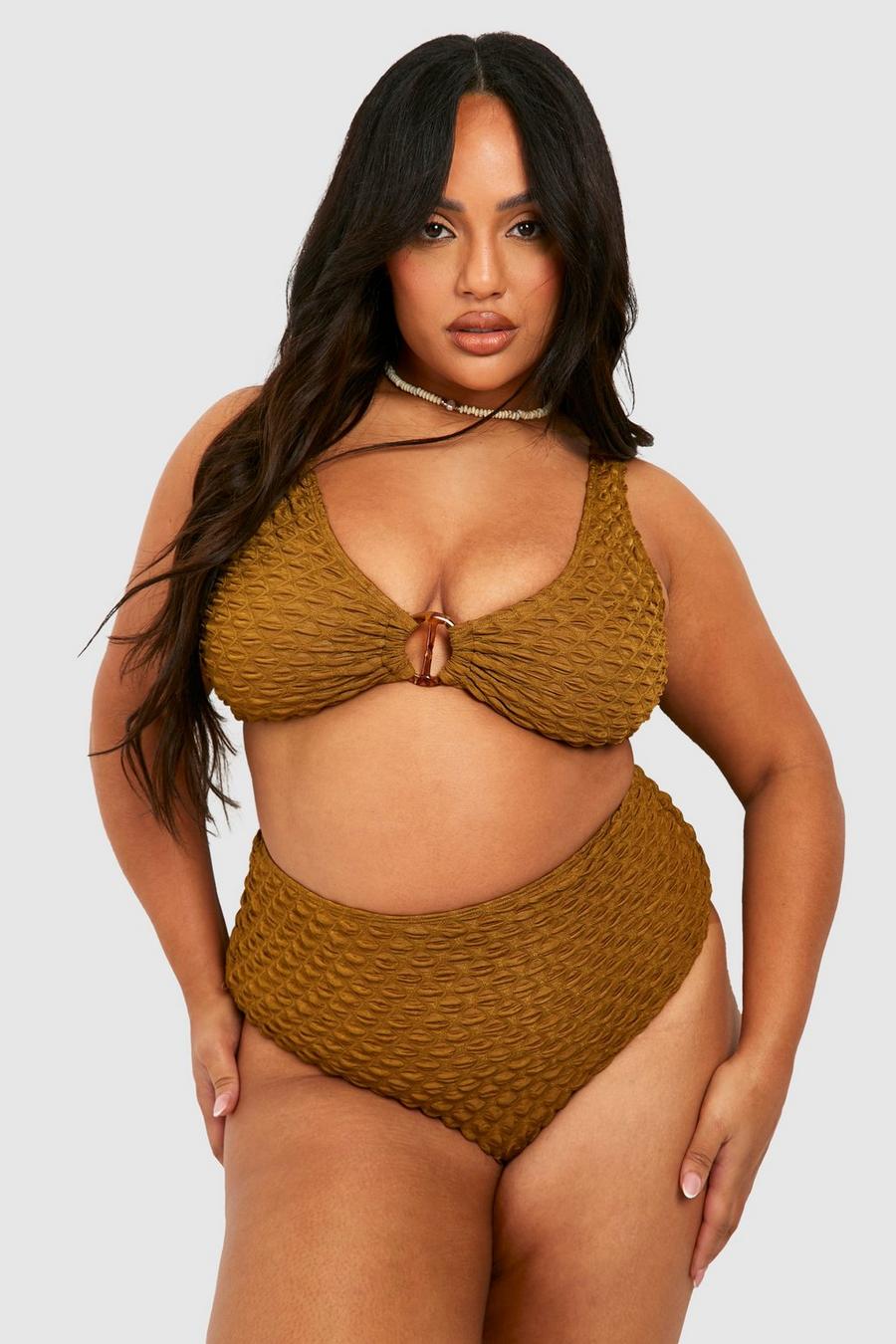 Taupe Plus Bubble Textured Belted High Waisted Bikini image number 1