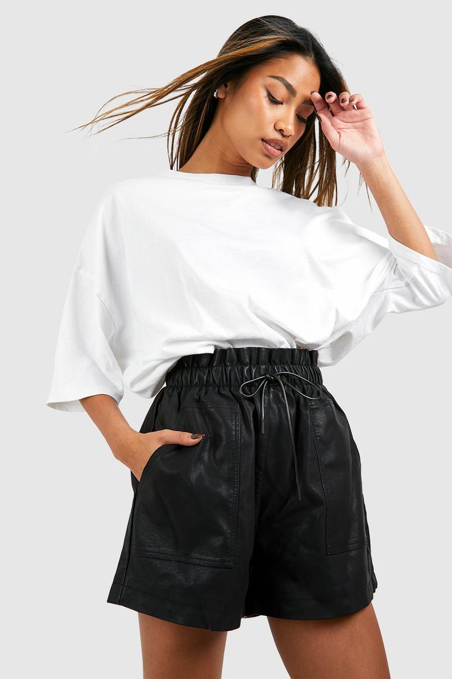 Black Faux Leather Paperbag High Waisted Shorts image number 1