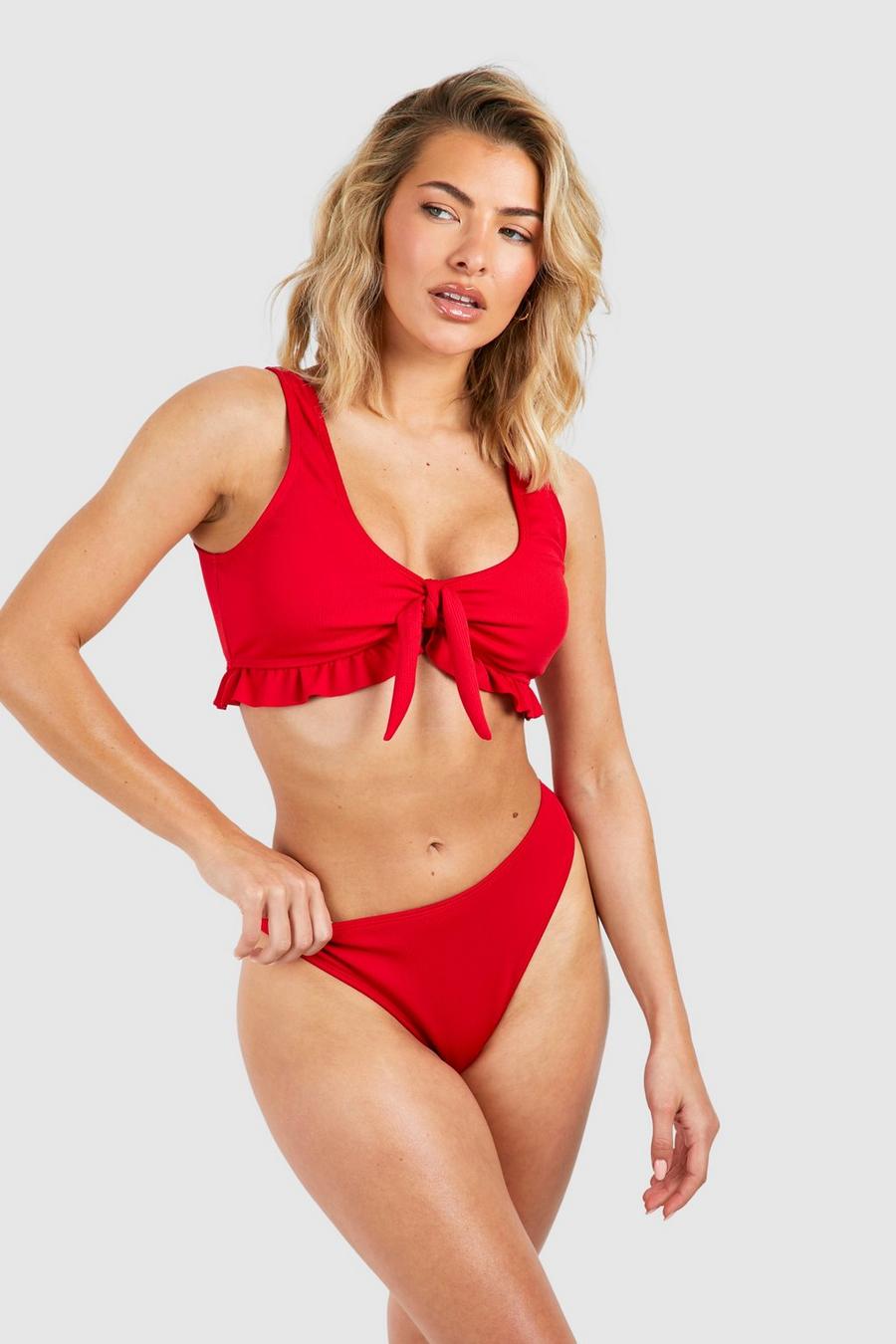 Red Tie Ruffle Ribbed Bikini Set