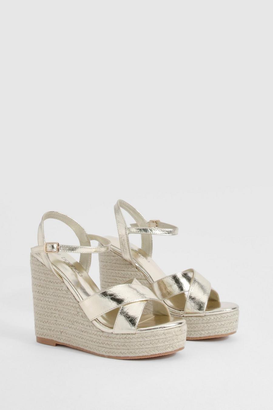 Gold Wide Fit Metallic Crossover High Wedges 