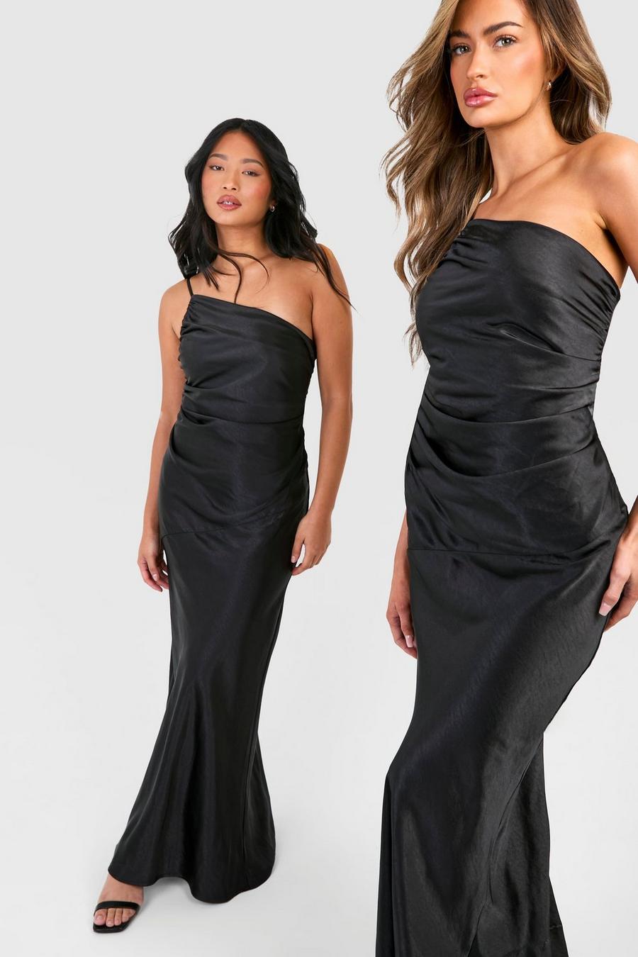Black Petite Bridesmaid Satin Strappy Asymmetric Maxi Dress image number 1