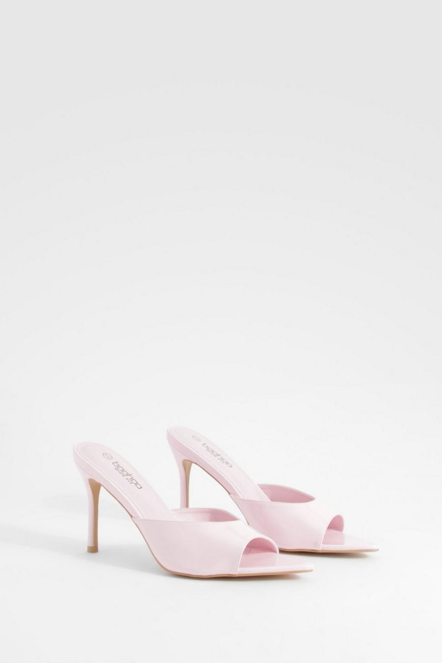 Sandali Mules a calzata ampia a punta in vernice con tacco, Pink