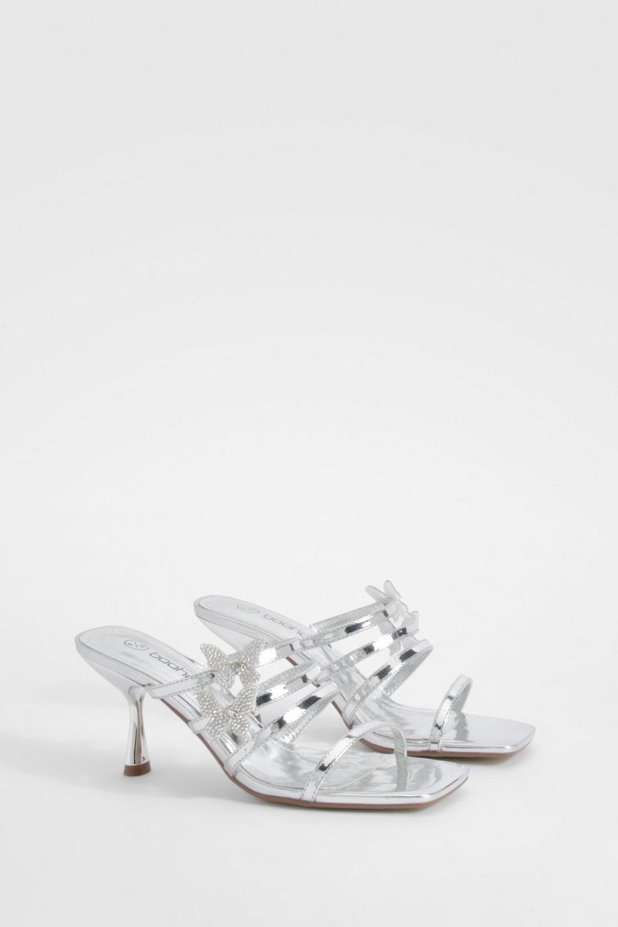 Sandali Mules con fascette, farfalle e tacco, Silver