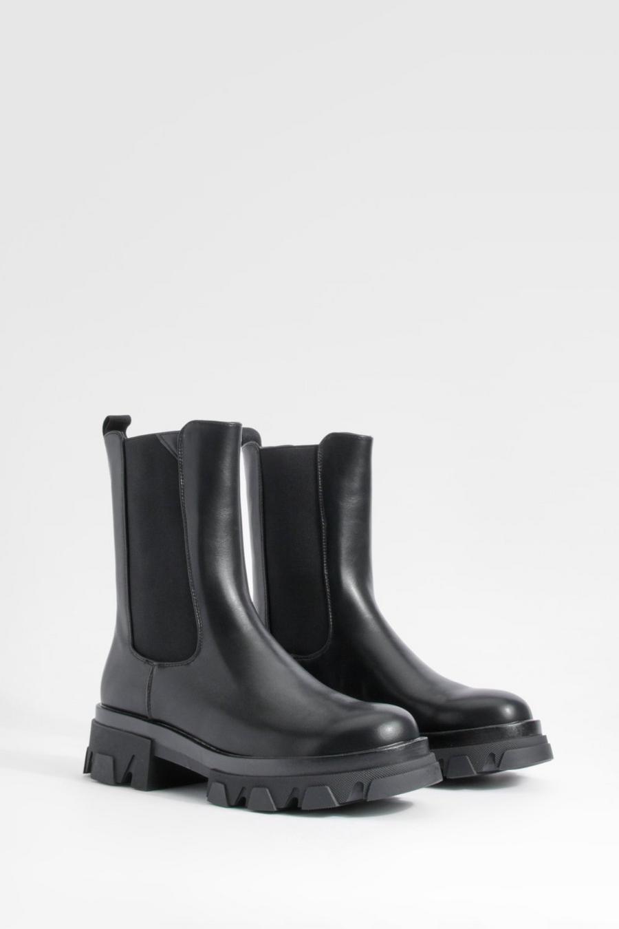 Black Chunky Sole Calf High Chelsea Boots        image number 1
