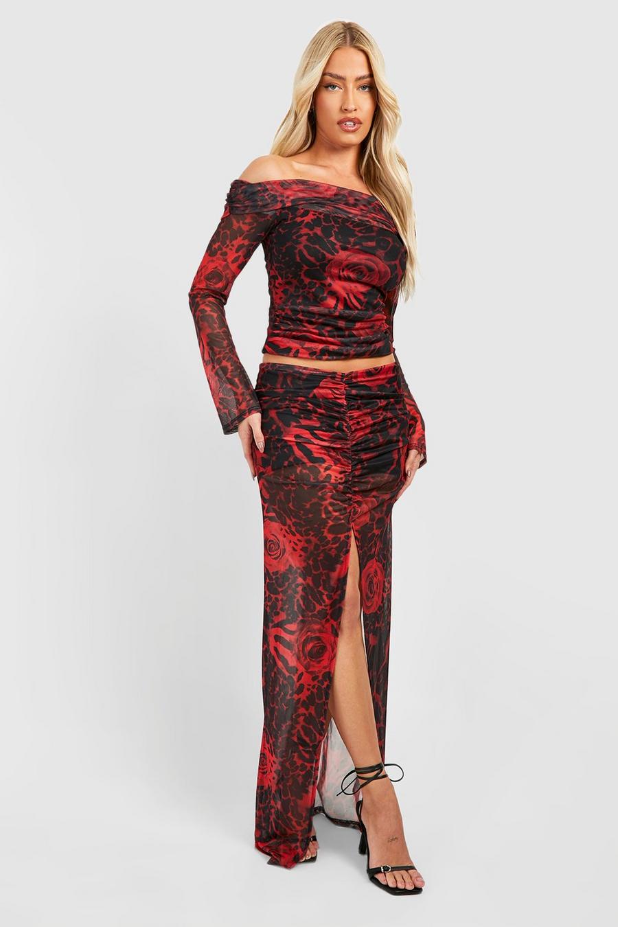 Cherry Mixed Print Mesh Ruched Front Maxi Skirt