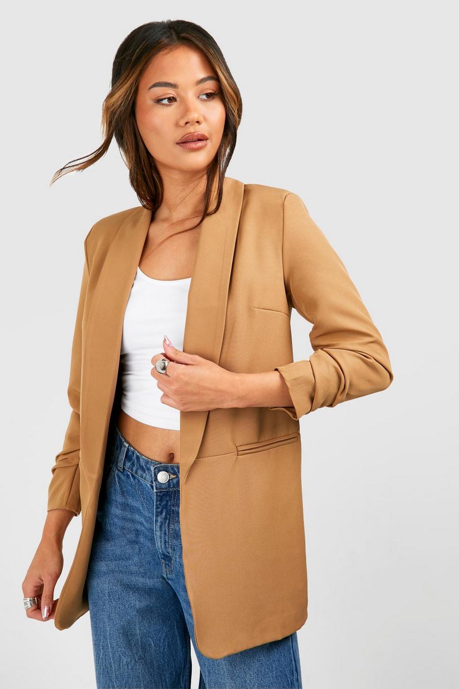 Camel Ruched Sleeve Tailored Blazer