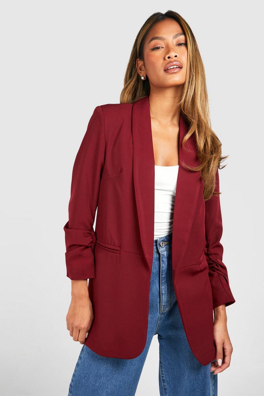 Merlot Ruched Sleeve Tailored Blazer