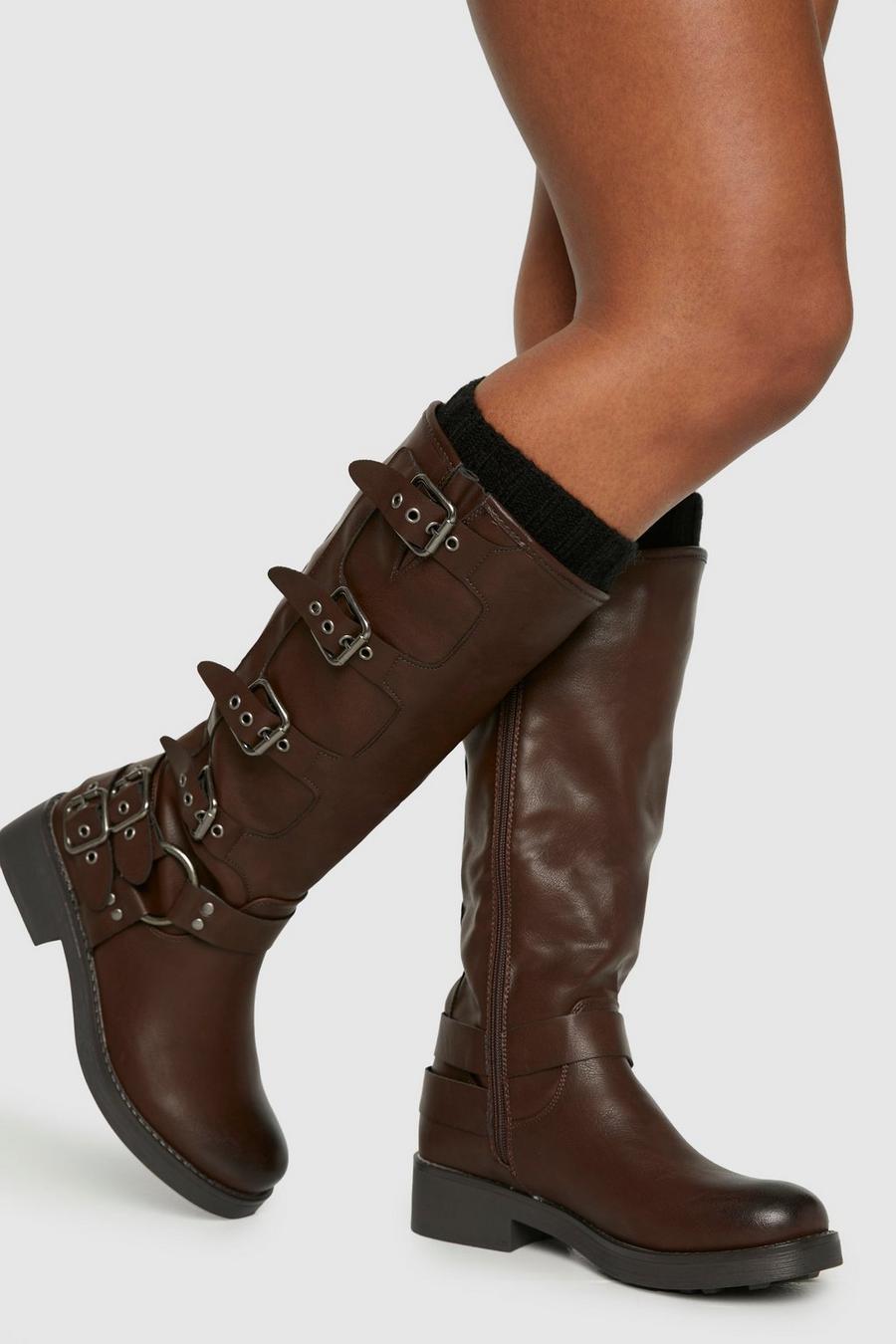 Chocolate Chunky Harness Buckle Biker Boots image number 1