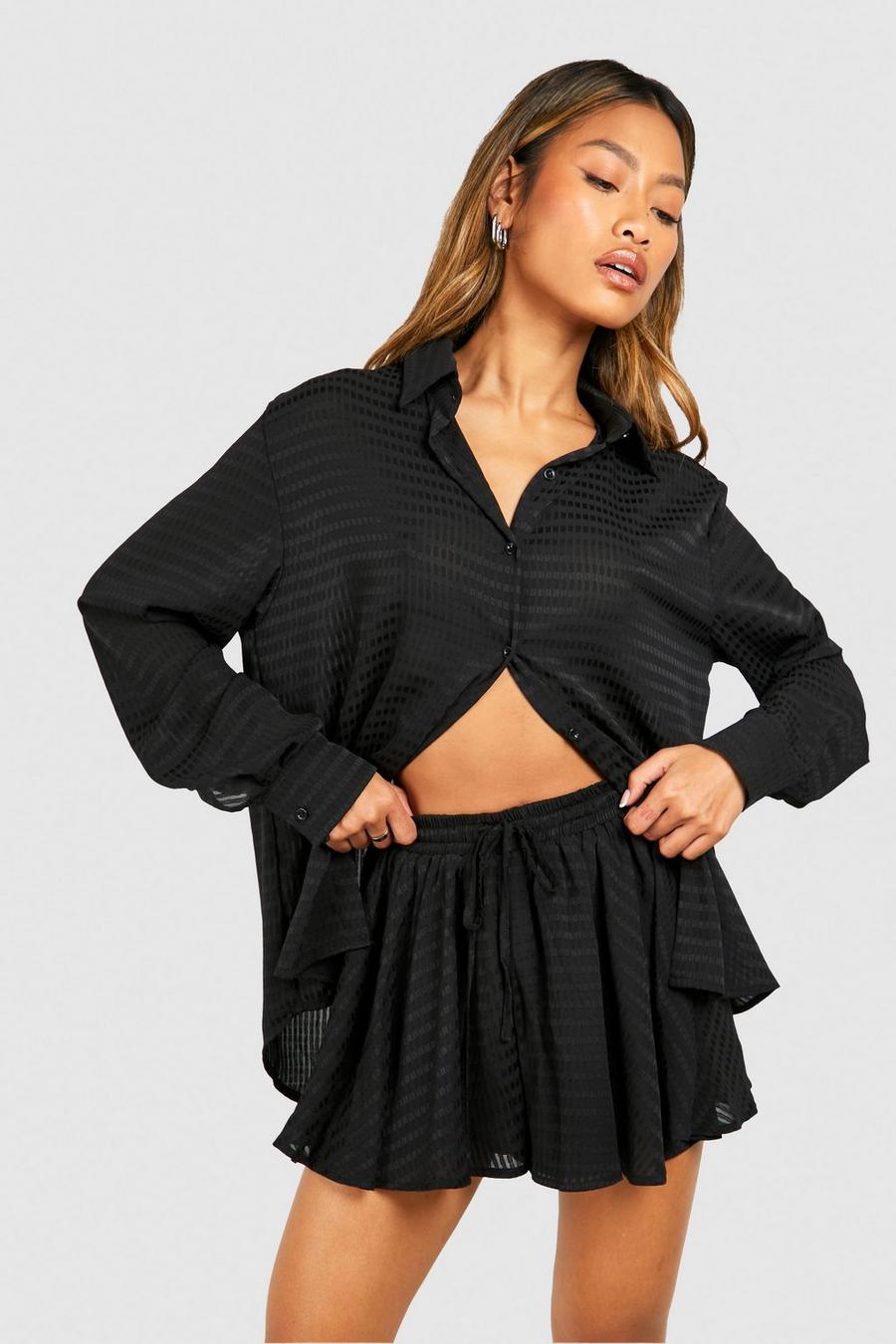 Black Textured Relaxed Fit Shirt & Flared Shorts