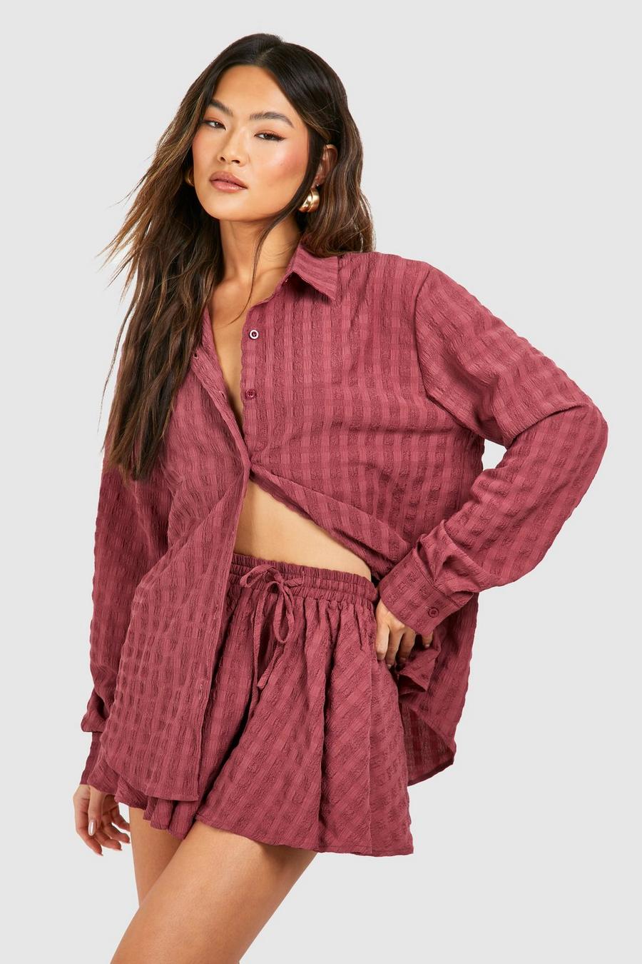 Ensemble texturé avec chemise oversize et short flare, Dark mauve