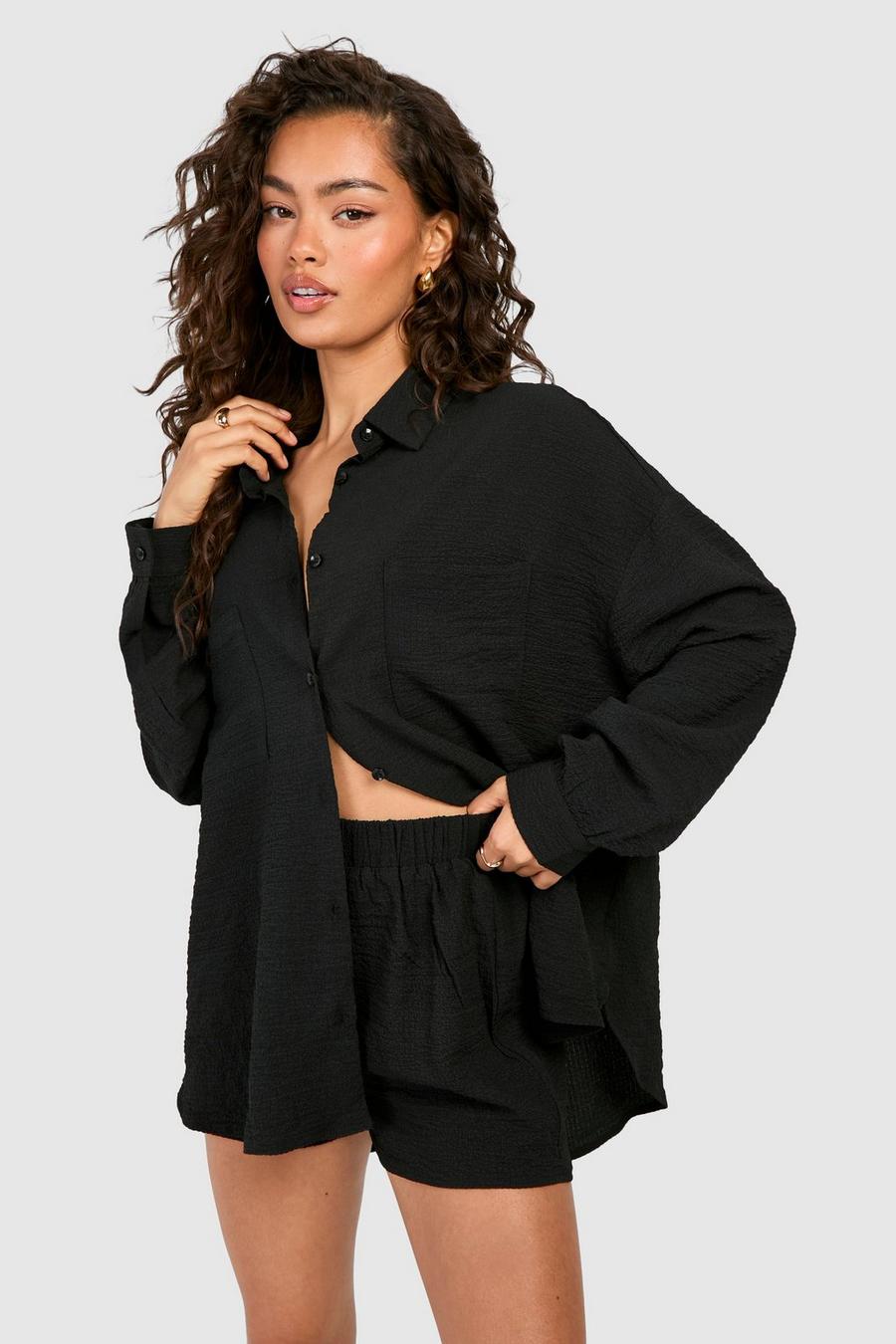 Black Crinkle Textured Relaxed Fit Shirt & Shorts