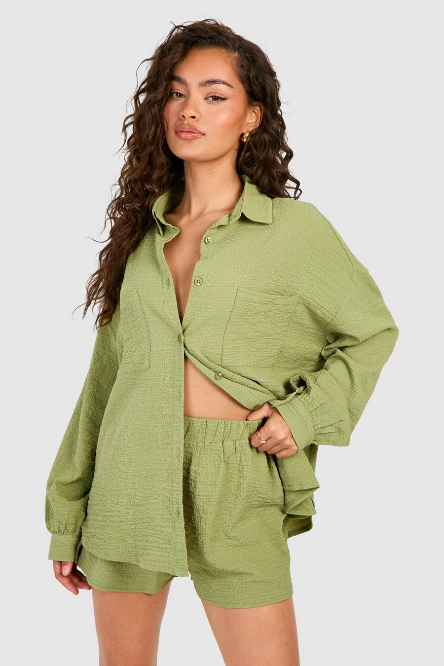 Olive Crinkle Textured Relaxed Fit Shirt & Shorts