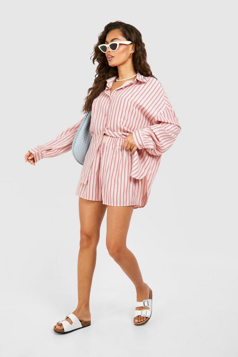 Pink Tonal Stripe Relaxed Fit Shirt & Shorts image number 1