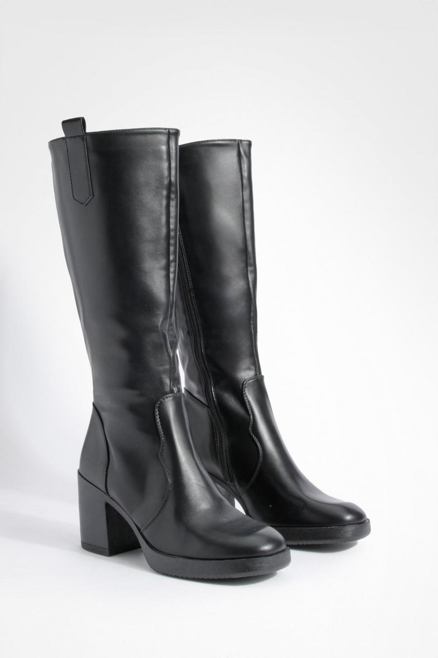 Black Tab Detail Platform Knee High Boots  image number 1
