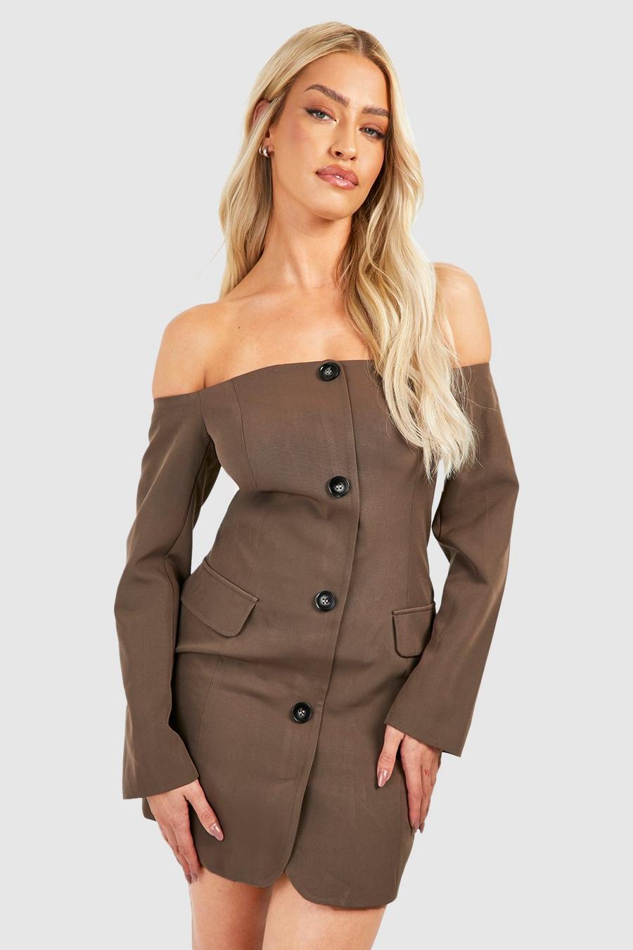 Chocolate Off The Shoulder Button Front Blazer Dress image number 1