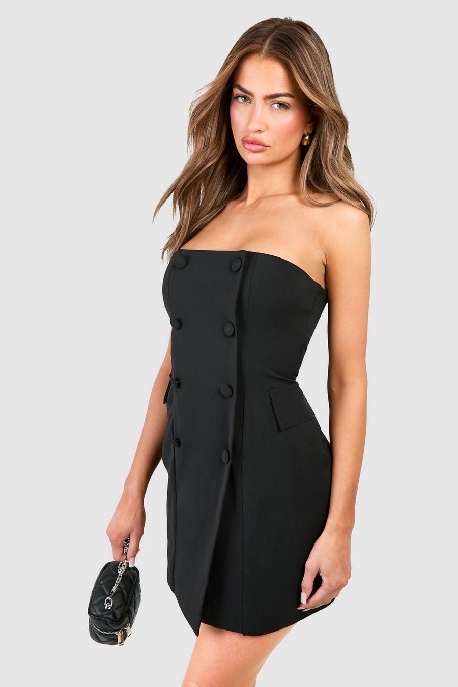 Black Double Breasted Bandeau Tailored Mini Dress