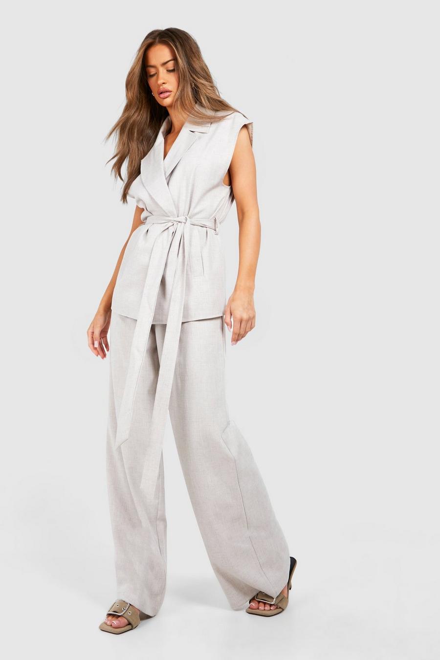 Taupe Linen Look Slouchy Wide Leg Trousers