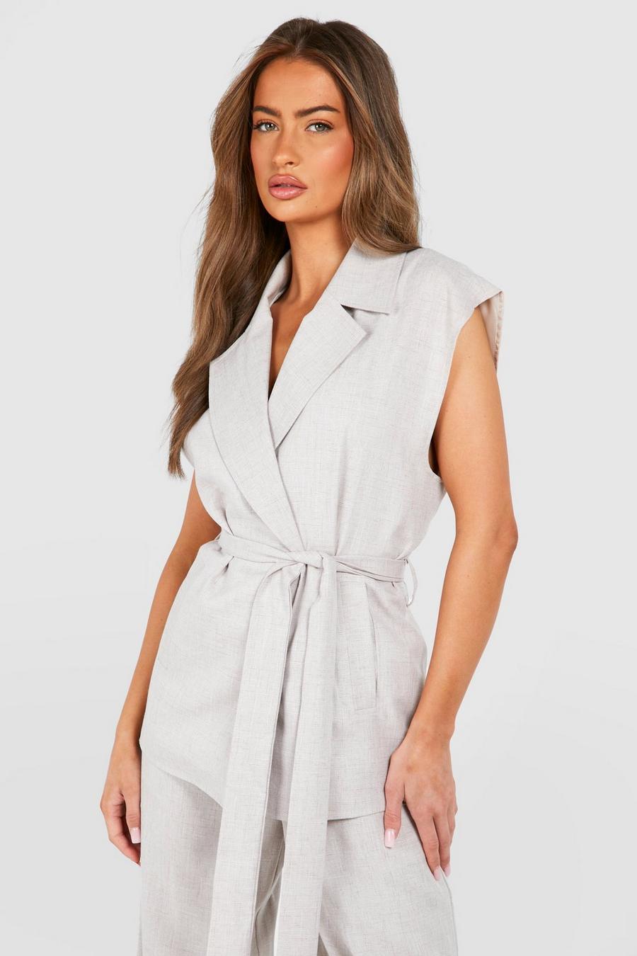 Taupe Linen Look Tie Waist Relaxed Fit Sleeveless Blazer
