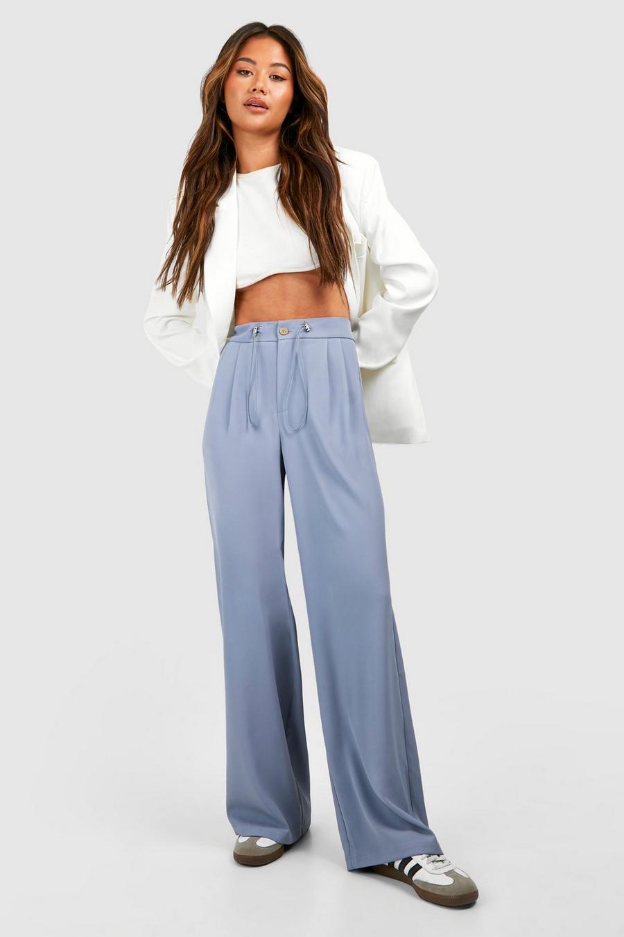 Slate blue Vloeiende Wide Leg Broek Met Touwtjes