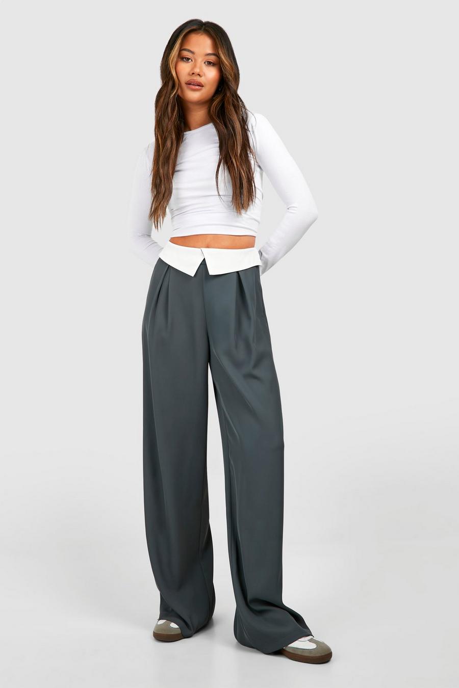Charcoal Fold Over Waistband Fluid Wide Leg Trousers image number 1