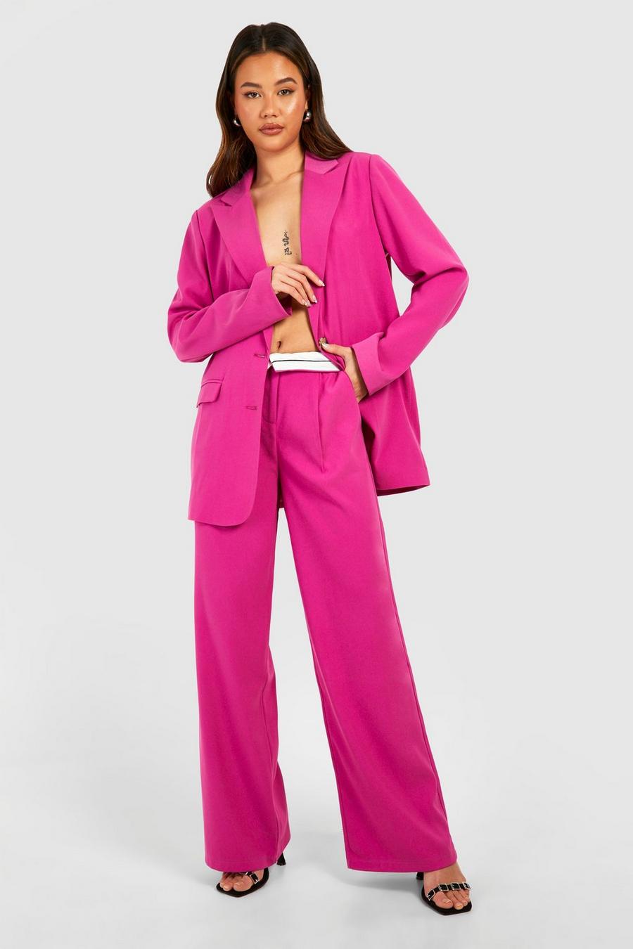 Pantalón entallado de pernera ancha con cintura en contraste, Pink image number 1