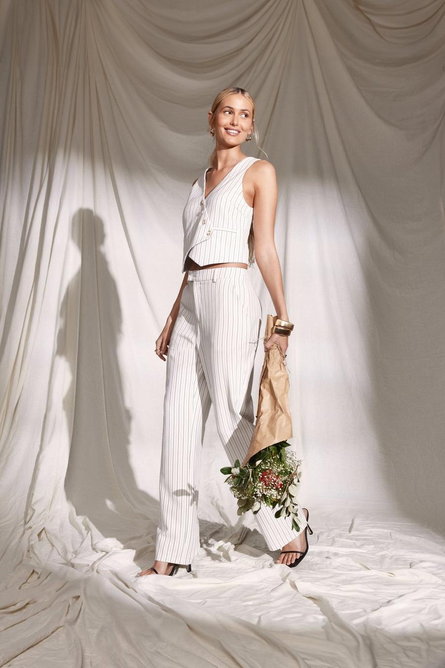 Ivory Linen Look Pinstripe Wide Leg Trousers image number 1