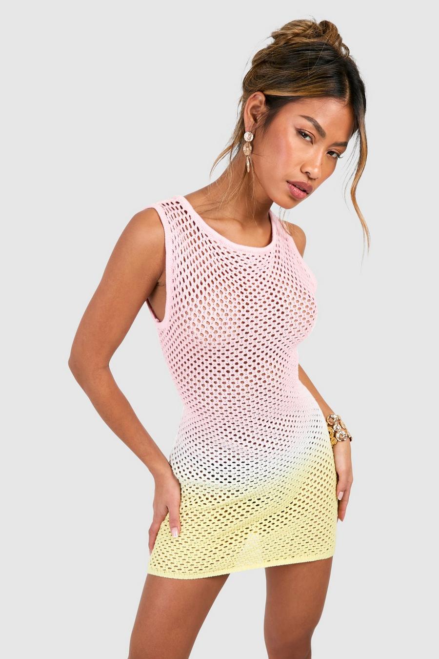 Pink Ombre Crochet Knitted Mini Dress