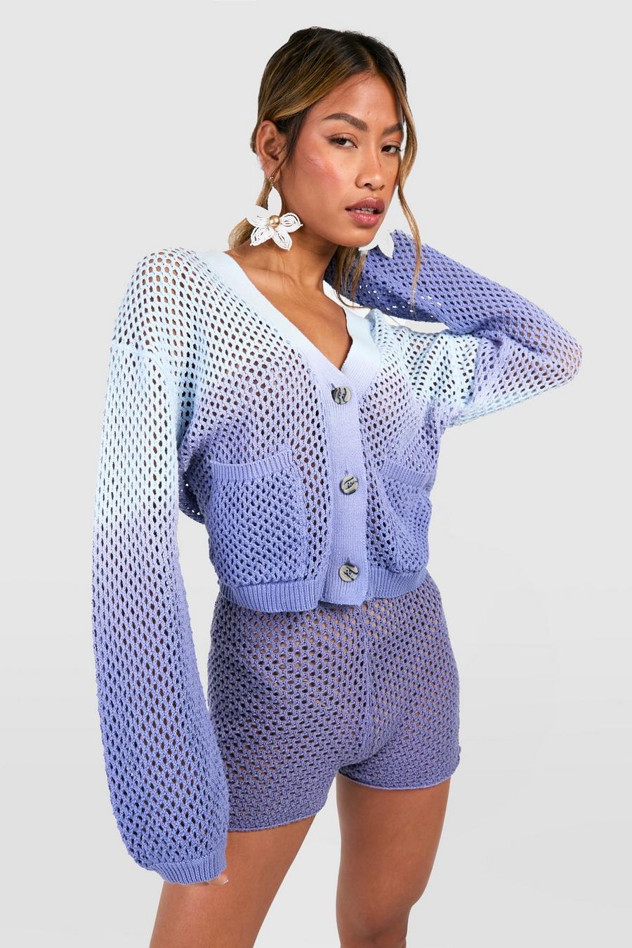Blue Ombre Crochet Cardigan And Shorts Knitted Set