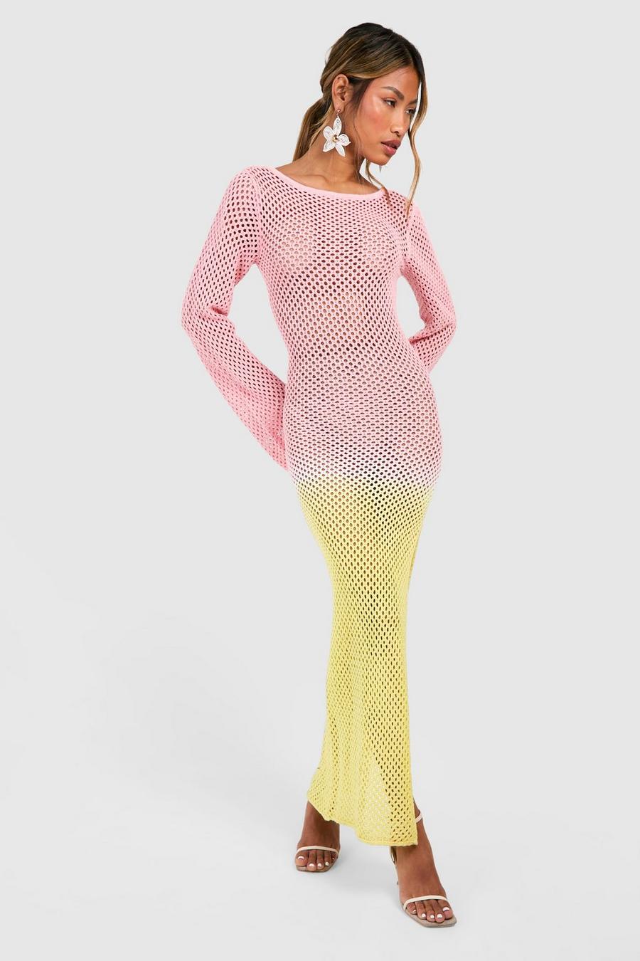 Pink Ombre Crochet Scroop Back Knitted Maxi Dress image number 1