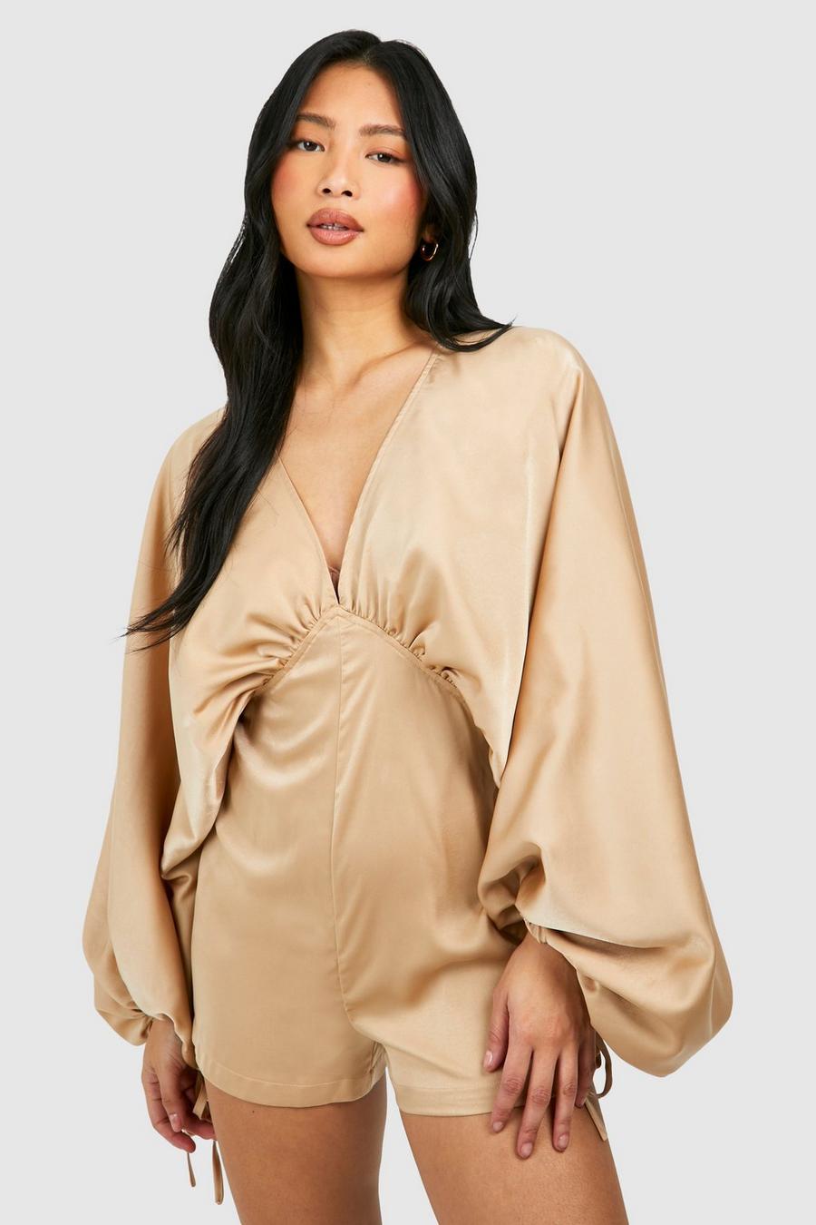 Gold Petite Matte Satin Extreme Sleeve Romper