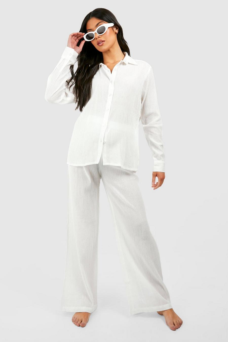 White Maternity Cheesecloth Beach Shirt And Trouser Cover Up