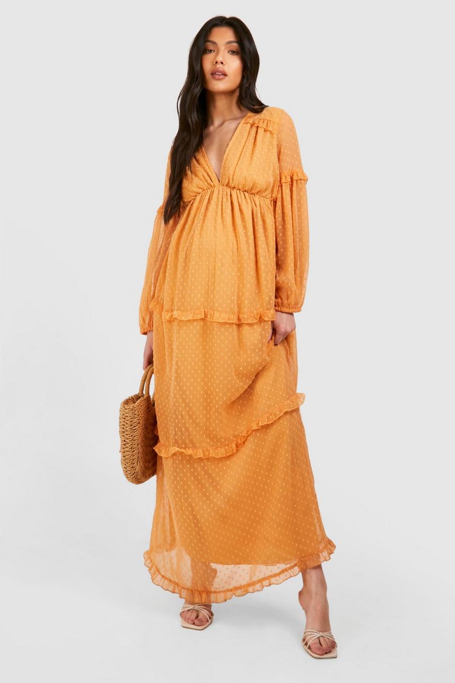 Light brown Maternity Dobby Mesh Ruffle Maxi Dress