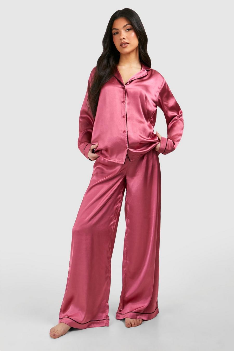 Dark pink Zwangerschap Satijnen Pyjama Set Met Broek En Biezen image number 1