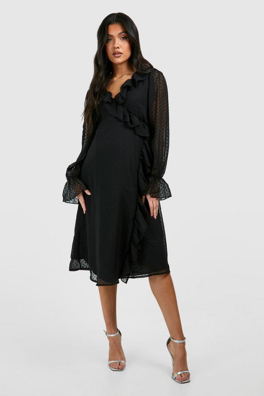Black Maternity Dobby Frill Wrap Midi Dress