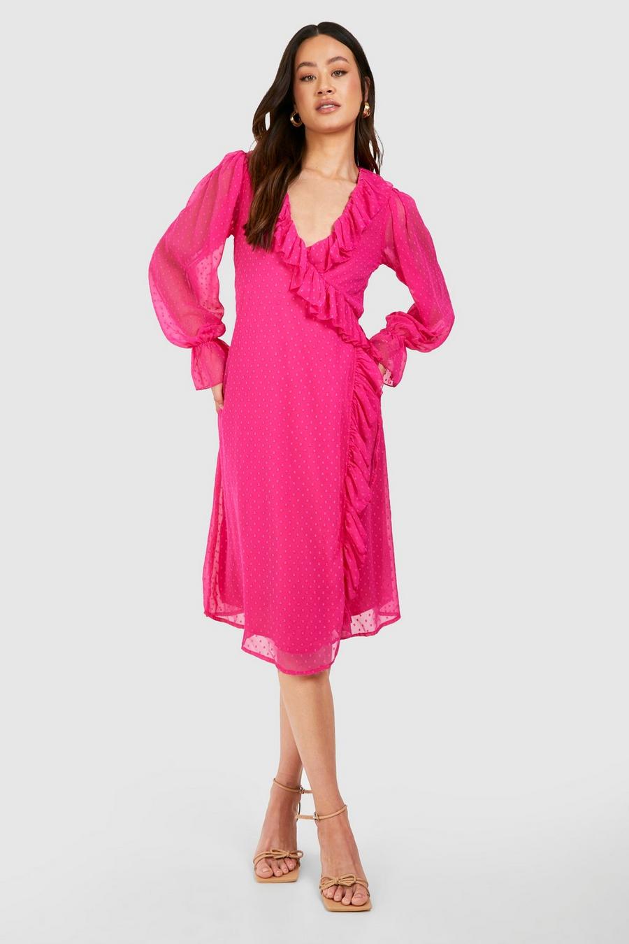 Pink Maternity Dobby Frill Wrap Midi Dress image number 1
