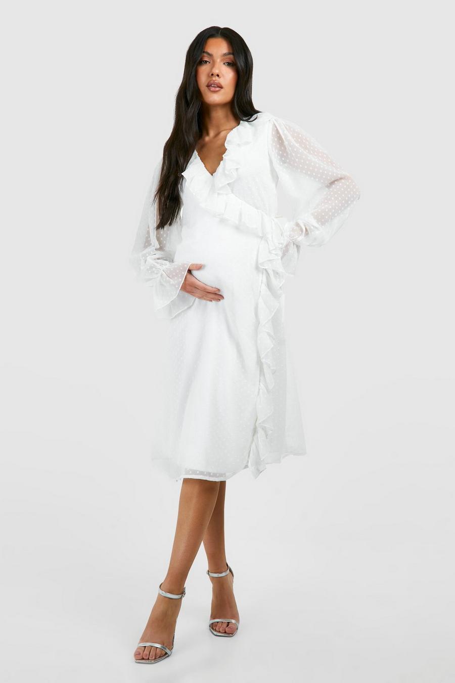 White Maternity Dobby Frill Wrap Midi Dress image number 1