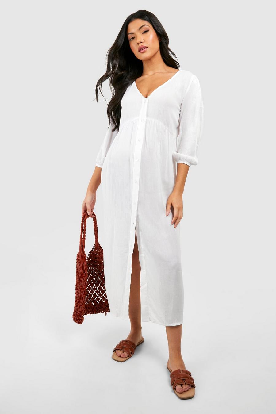 White Maternity Cheesecloth Button Down Midi Dress image number 1