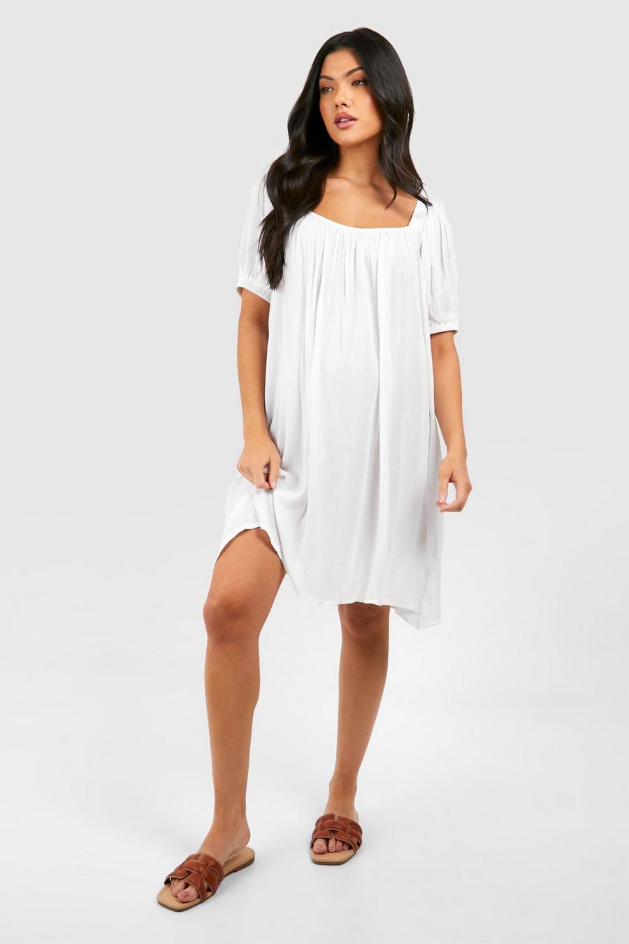 White Maternity Cheesecloth Puff Sleeve Mini Dress