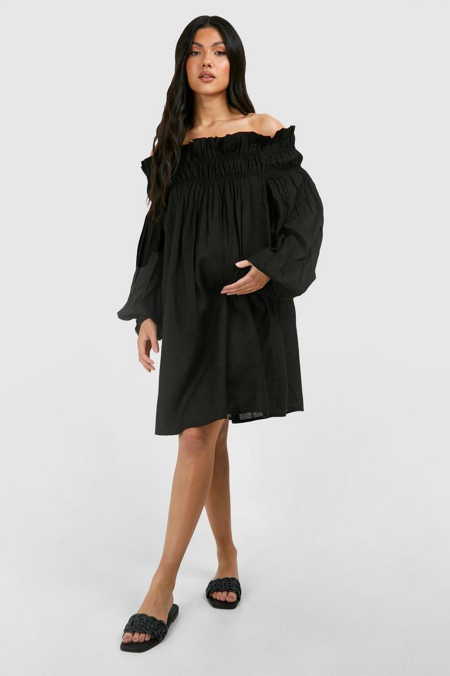 Black Maternity Linen Frill Bardot Mini Smock Dress
