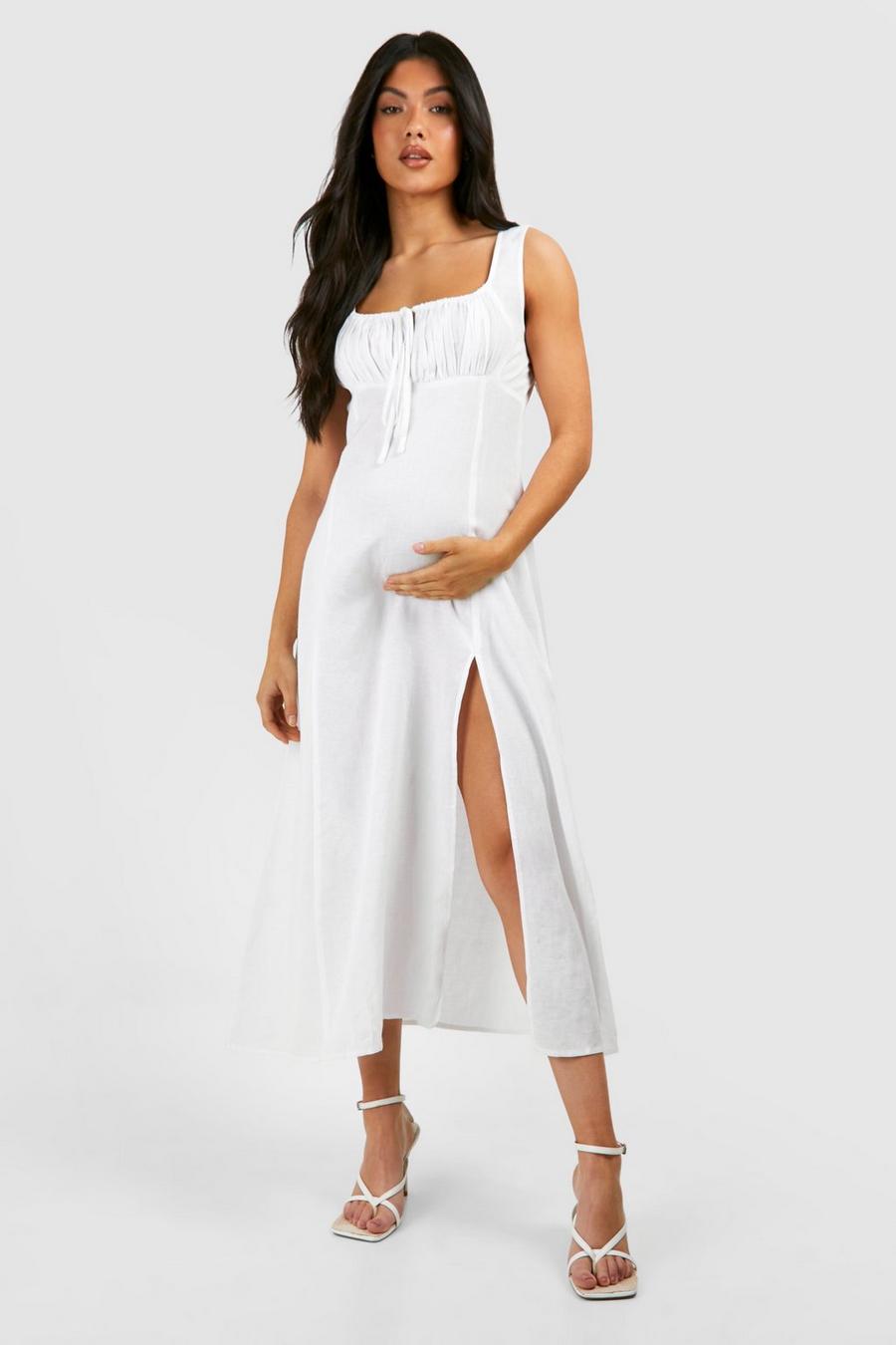 White Maternity Linen Sleeveless Milk Maid Midi Dress image number 1