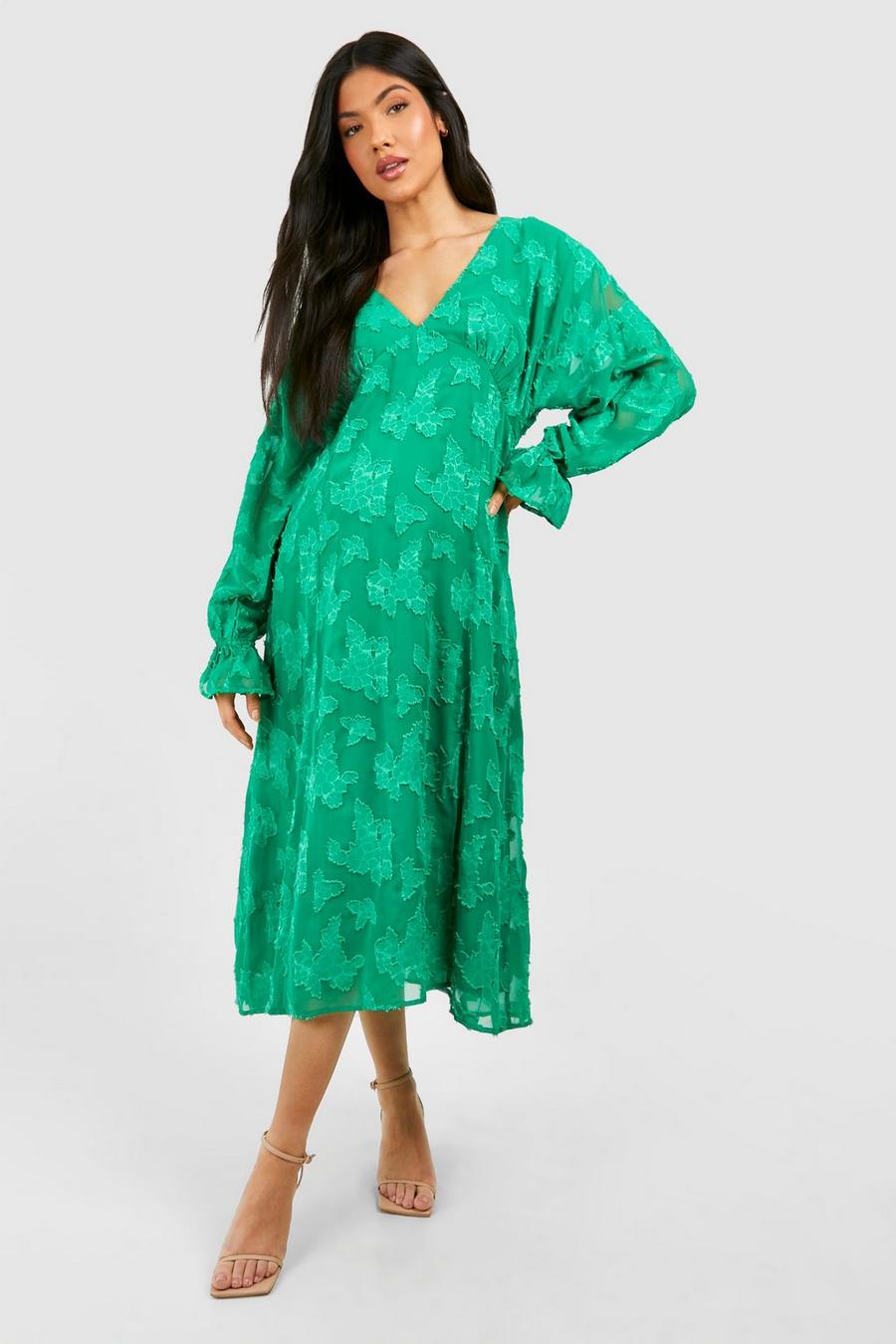 Green Maternity Floral Jacquard V Neck Midi Dress