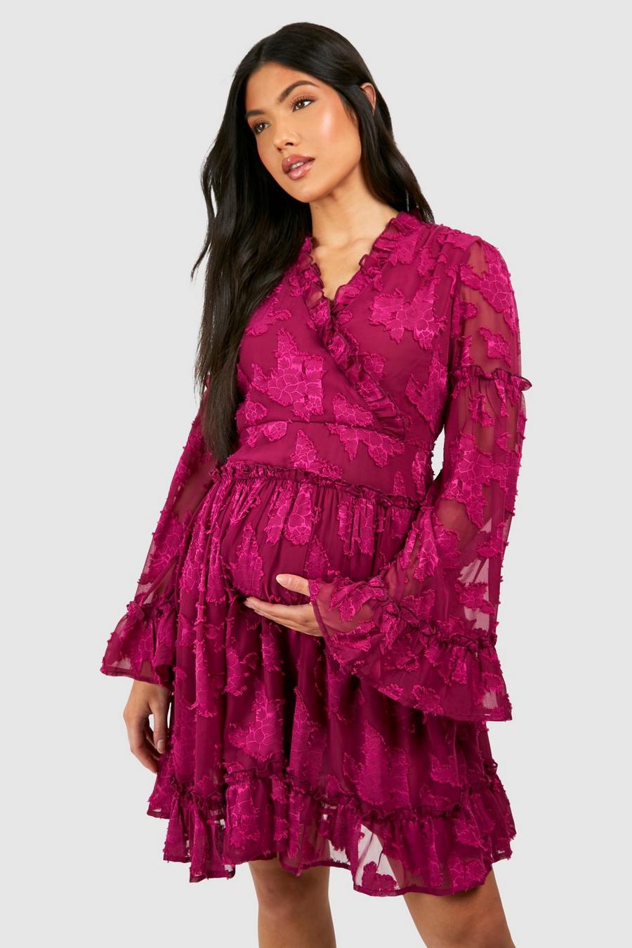 Hot pink Maternity Floral Jacquard Wrap Smock Mini Dress image number 1
