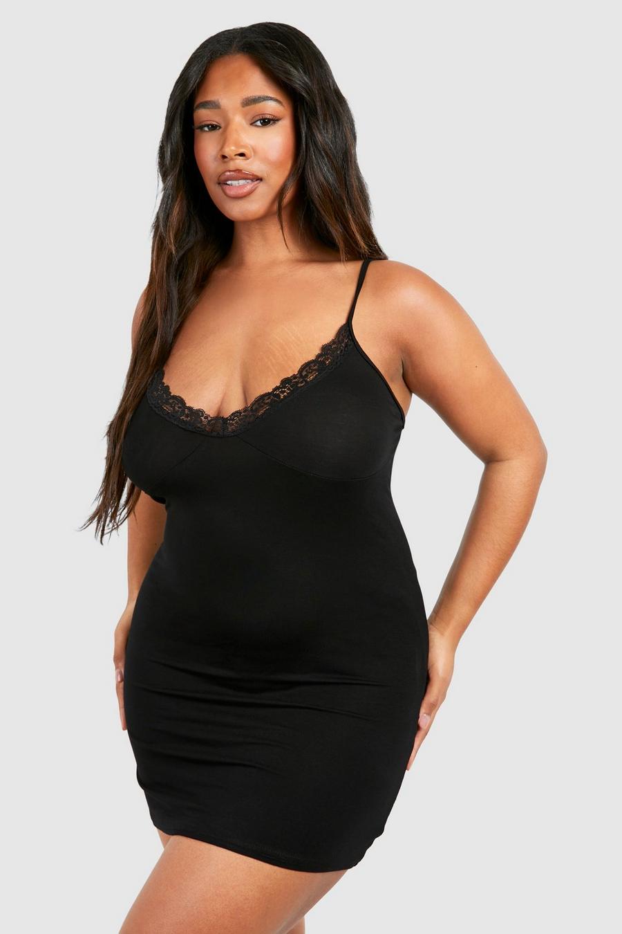 Black Plus Lace Trim Plunge Nightie 