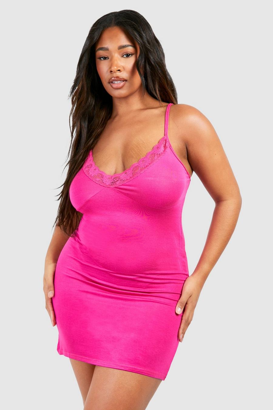 Camicia da notte Plus Size rifinita in pizzo con scollo profondo, Hot pink