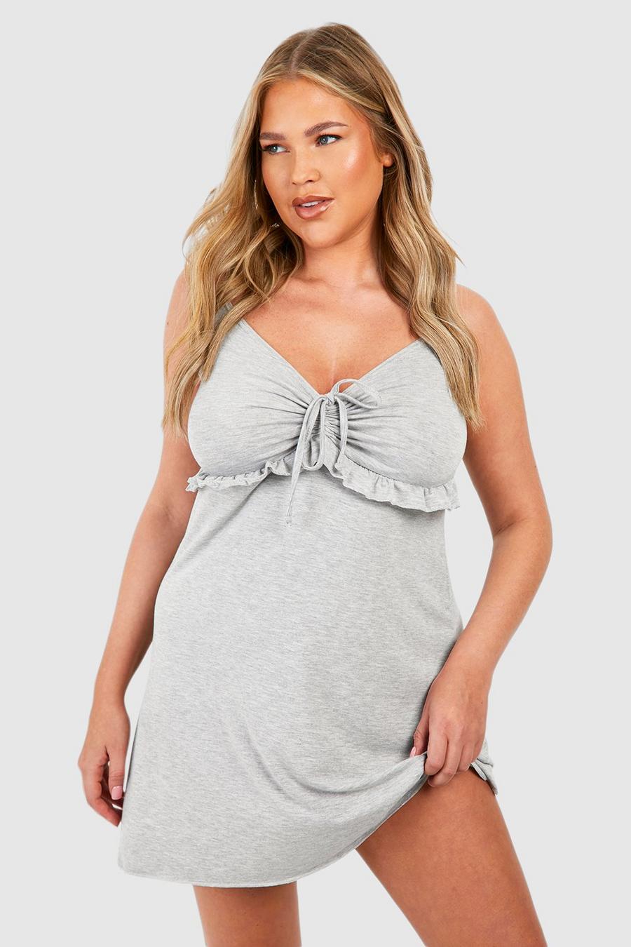 Grey marl Plus Ruched Front Frill Detail Nightie 