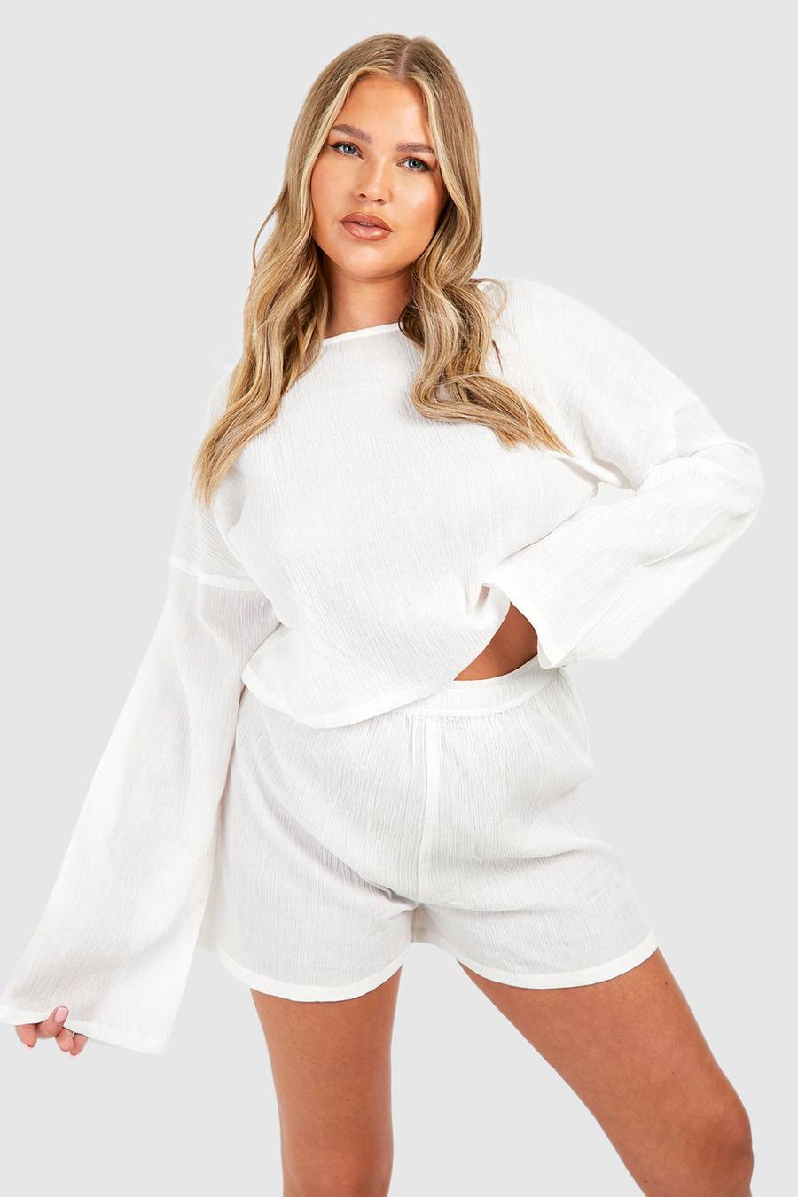 White Plus Flare Sleeve And Button Front Loungewear Short Set
