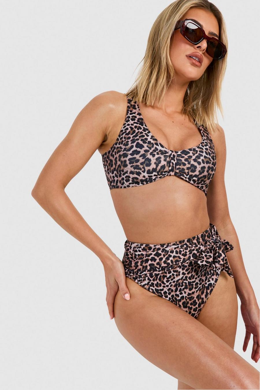 Set bikini leopardato con laccetti e controllo della pancia, Brown