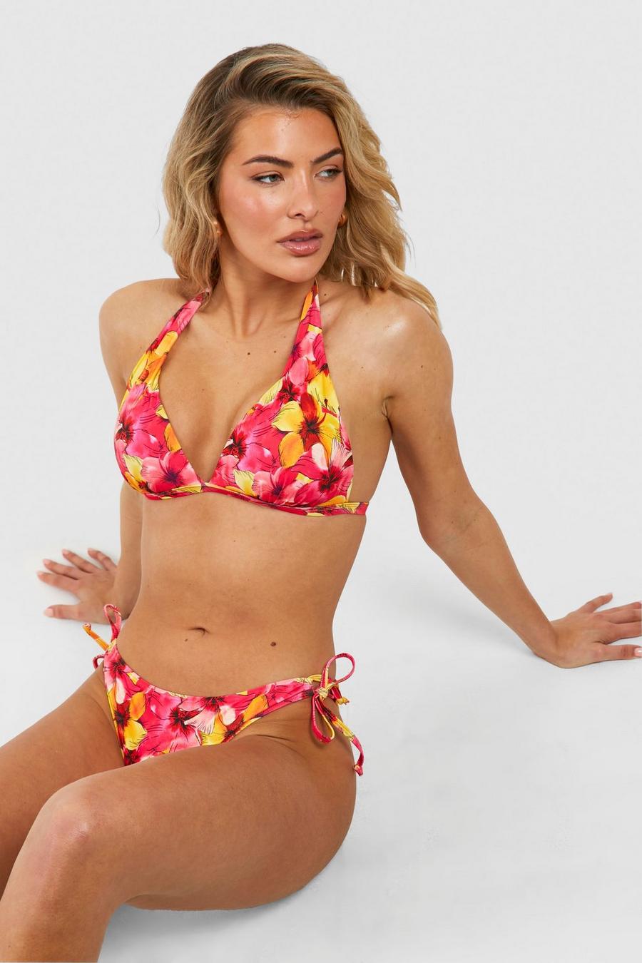 Top bikini push up con stampa tropicale, Pink