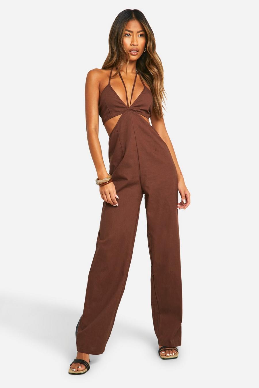 Chocolate Linen Blend Cut Out Strappy Jumpsuit image number 1