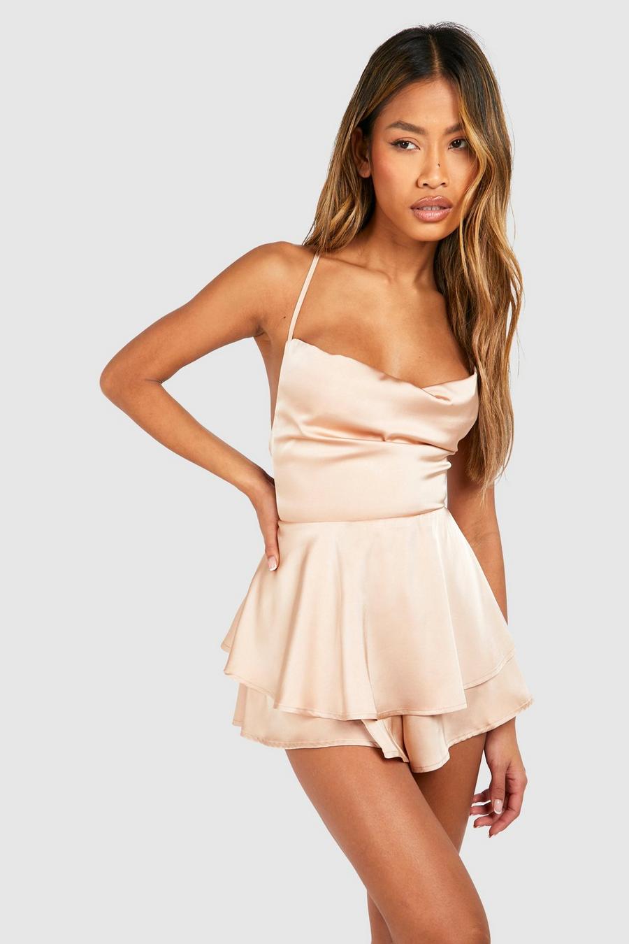 Pink Cowl Neck Ruffle Short Playsuit